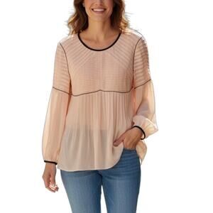 Hoss Intropia Pleated Sheer Blouse Light Peach Black Trim Size 34 (XS/0-2)